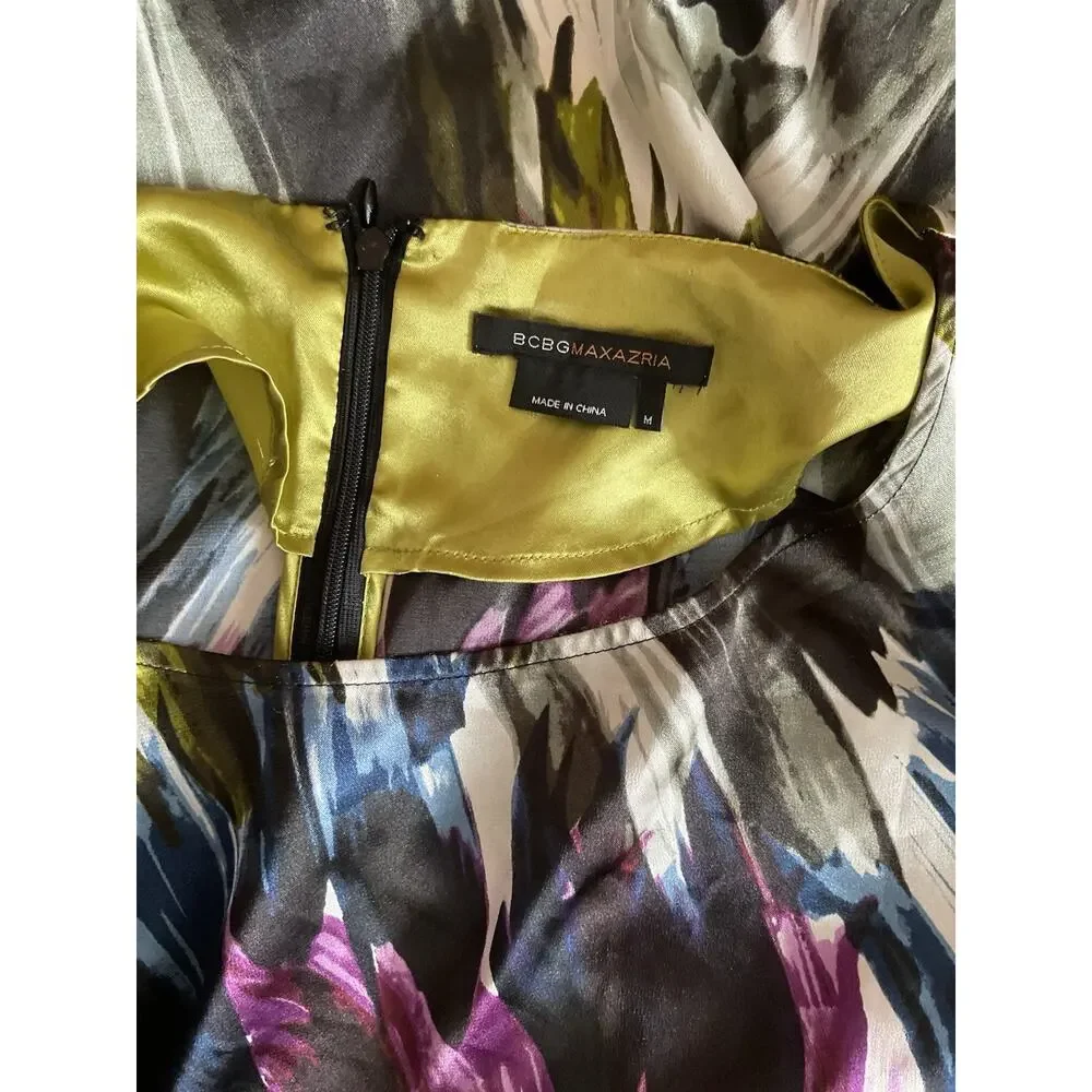 BCBGMAXAZRIA Multicolor Abstract Satin Sheath Dress Belted Boat Neck Sz M